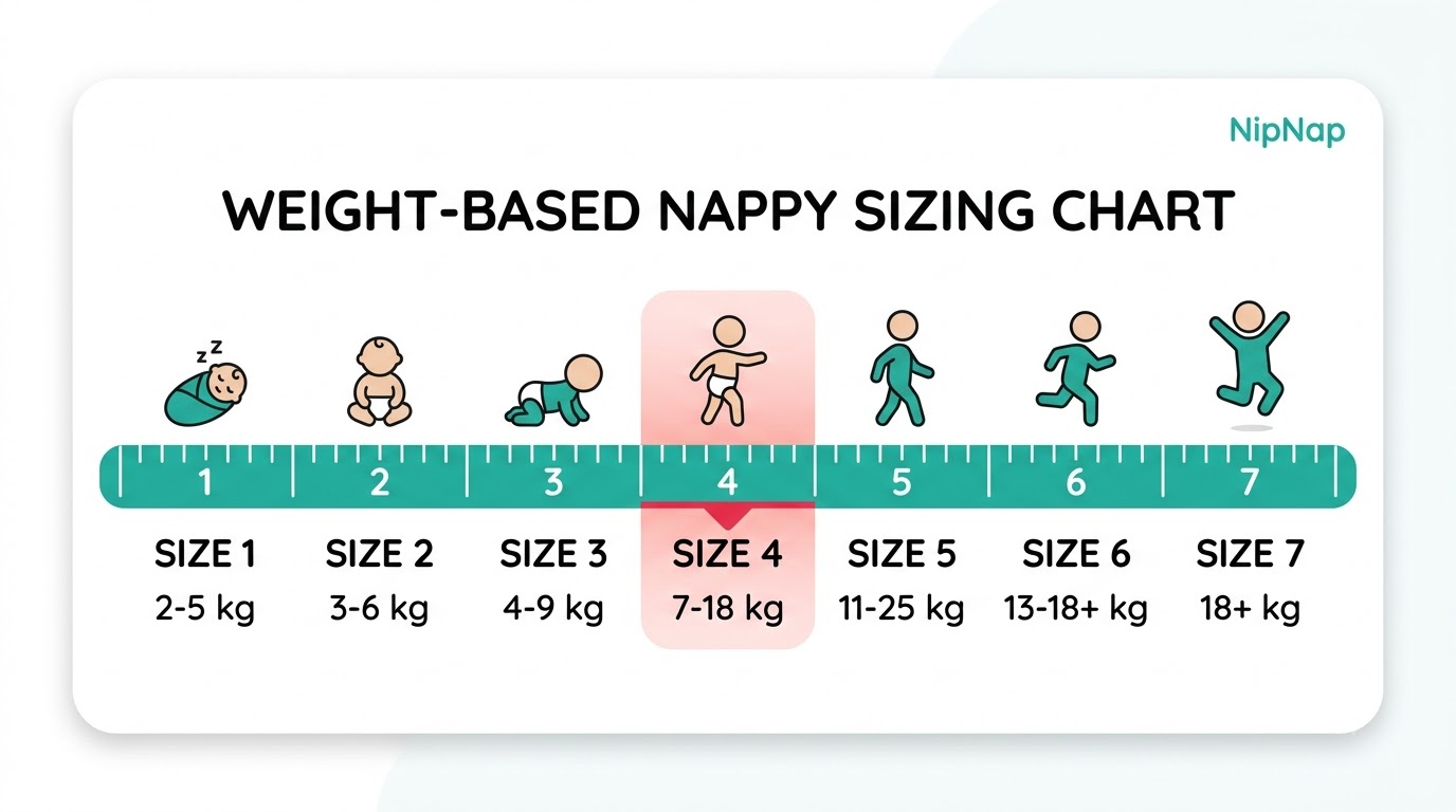 Baby nappies Kenya sizing chart by weight, Newborn to Size 7