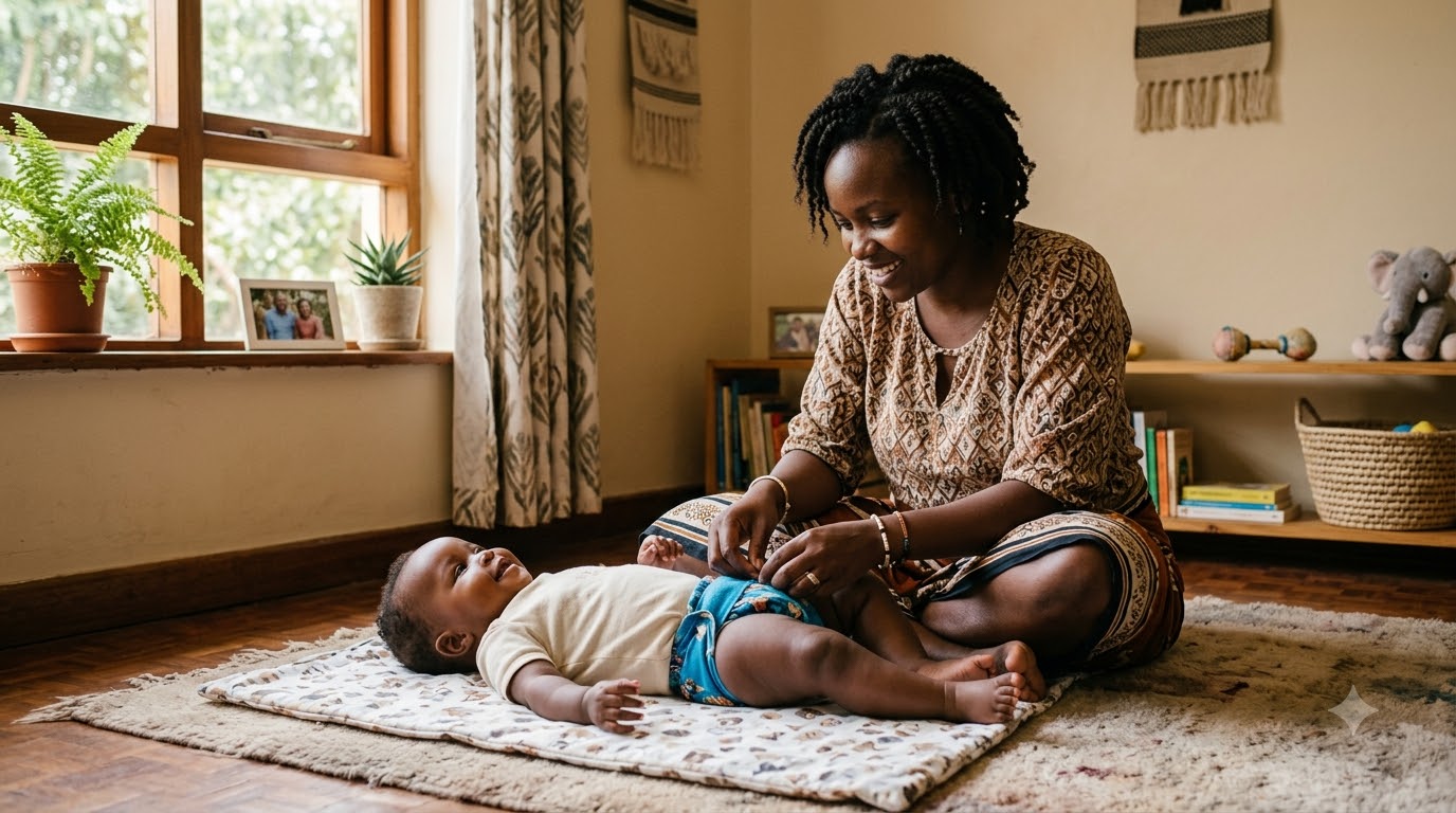 Parent checking baby nappy fit at the leg cuffs, Kenya