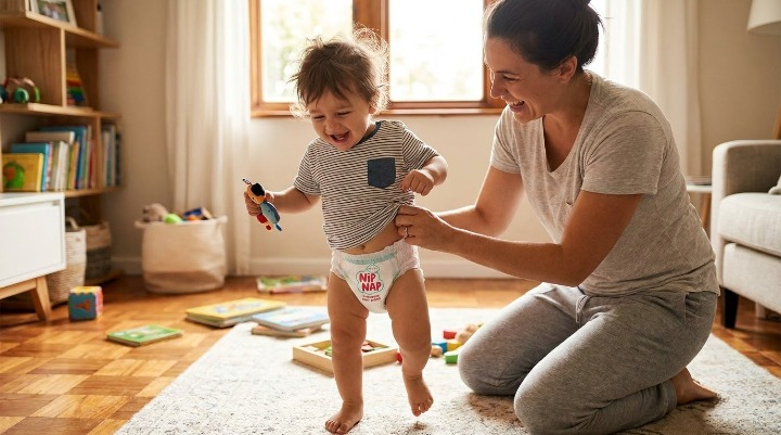 Parent changing an active toddler in baby diaper pants Kenya using a standing nappy change