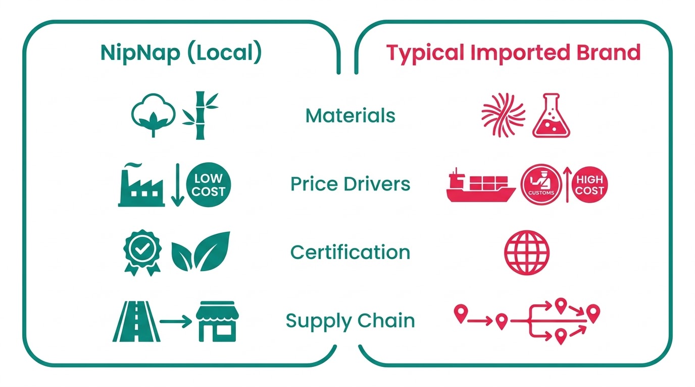 Comparison graphic of NipNap local diapers versus a typical imported diaper brand in Kenya, covering materials, pricing and certification