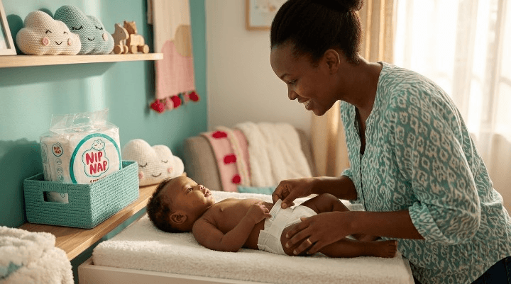 Diaper rash prevention Kenya: parent checking baby's skin during a nappy change