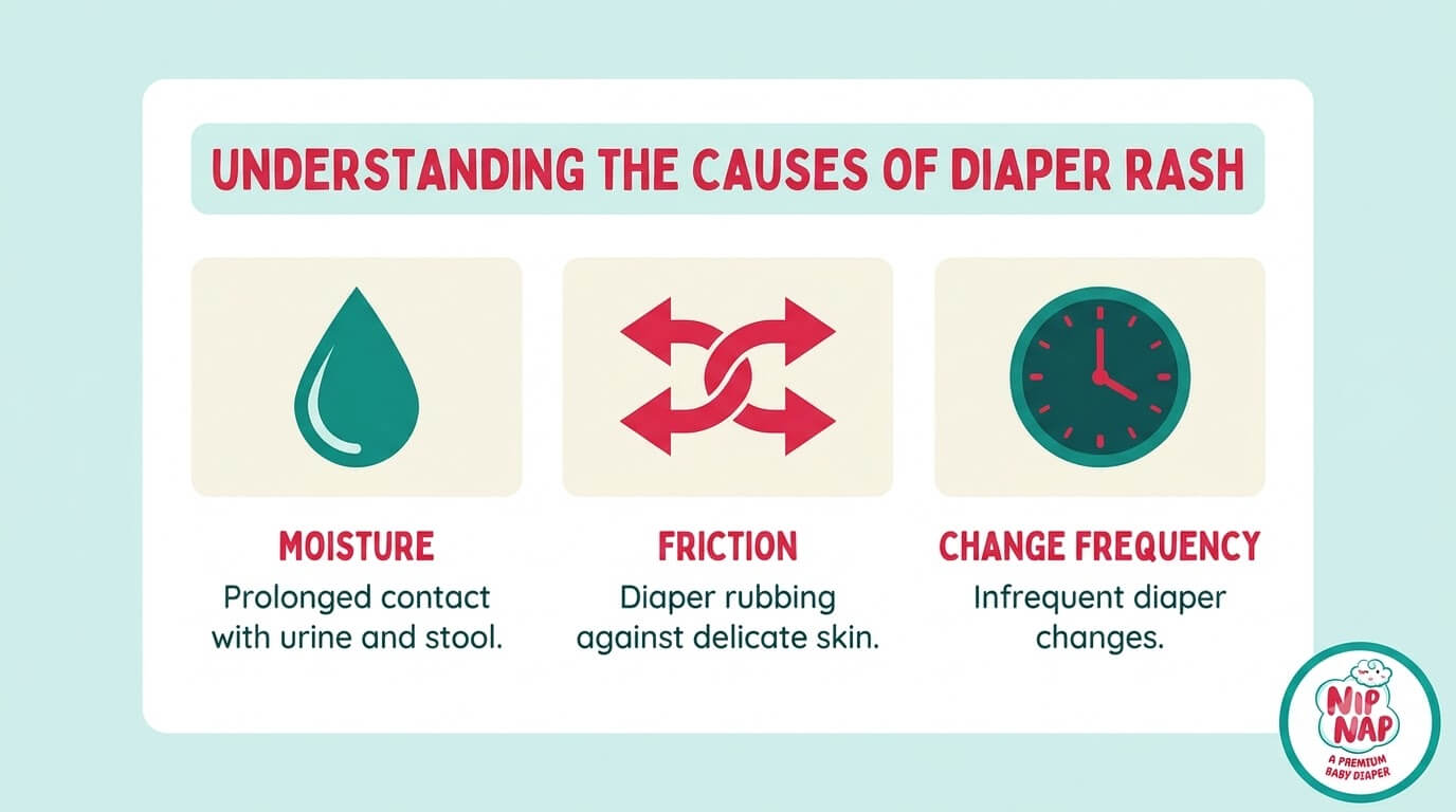 Infographic showing the three causes of diaper rash in Kenya's climate: moisture, friction, and change frequency