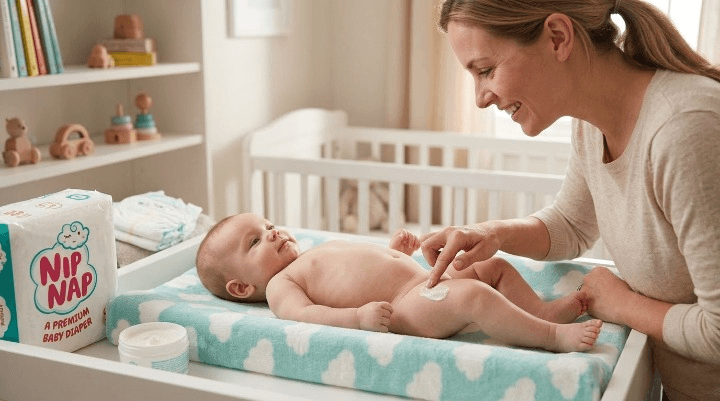 Parent applying barrier cream during a nappy change as part of baby skin care Kenya routine