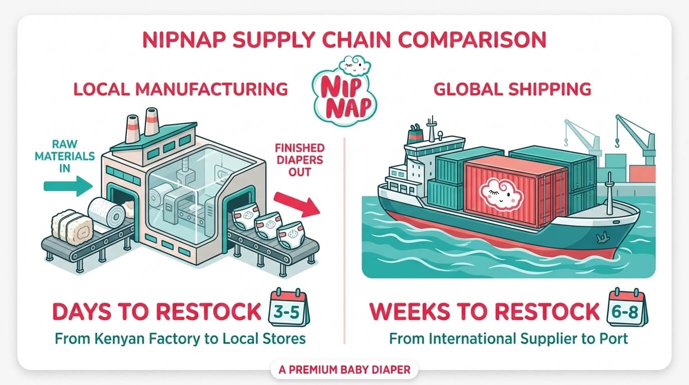 Made in Kenya diapers vs imported diapers, local manufacturing comparison infographic