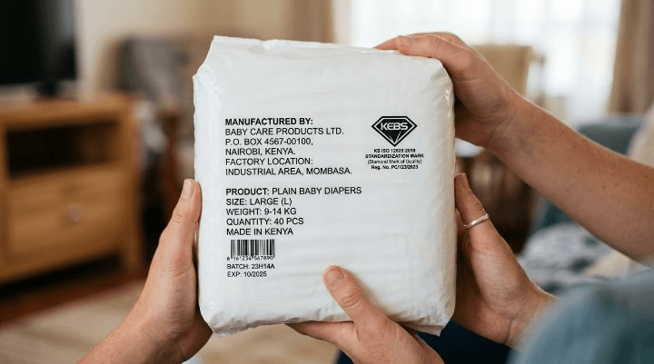Checking a diaper pack for KEBS certification and manufacturer address, Kenya