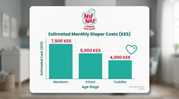 Newborn diaper cost per month in Kenya, by age, KES estimate infographic