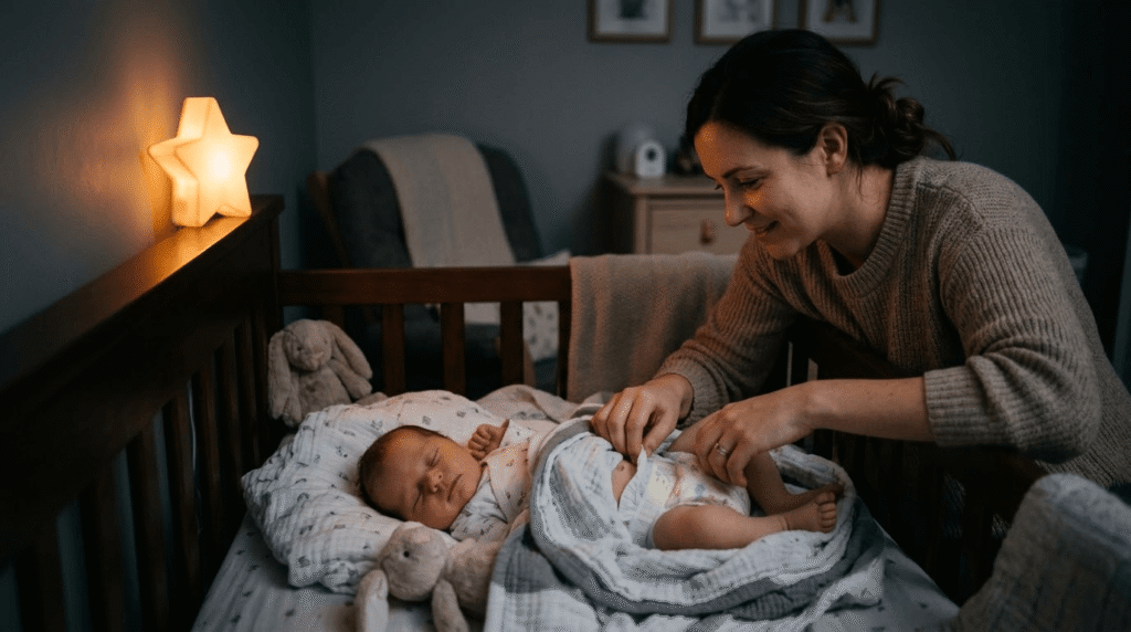 12-hour nappy Kenya: parent checking a sleeping baby's overnight nappy fit