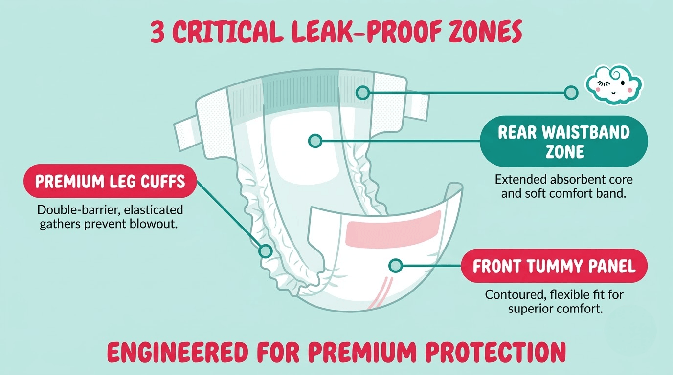Diagram showing where overnight nappy leaks happen: leg cuffs, waistband and tummy panel