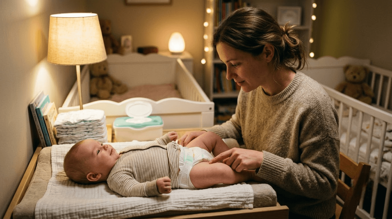 Parent checking a nappy's fit and leg cuffs before putting baby down for the night