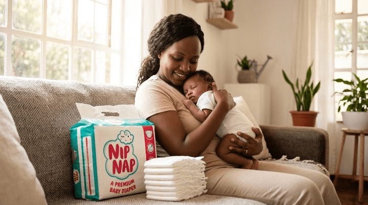Kenyan mother holding her newborn beside a stack of newborn nappies at home