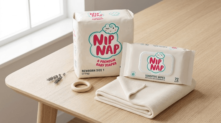 Pack of NipNap newborn size nappies next to baby wipes and a folded baby blanket