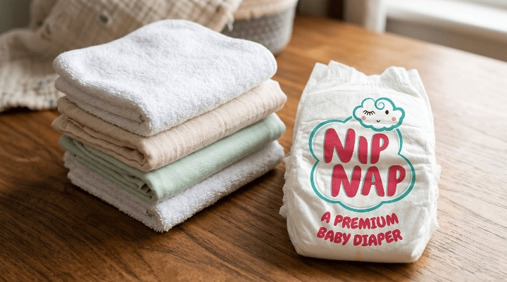 Folded cotton cloth nappies next to a NipNap disposable nappy on a wooden surface
