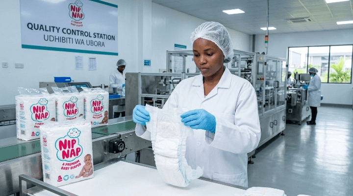 Quality control worker inspecting baby nappies in a Kenyan factory