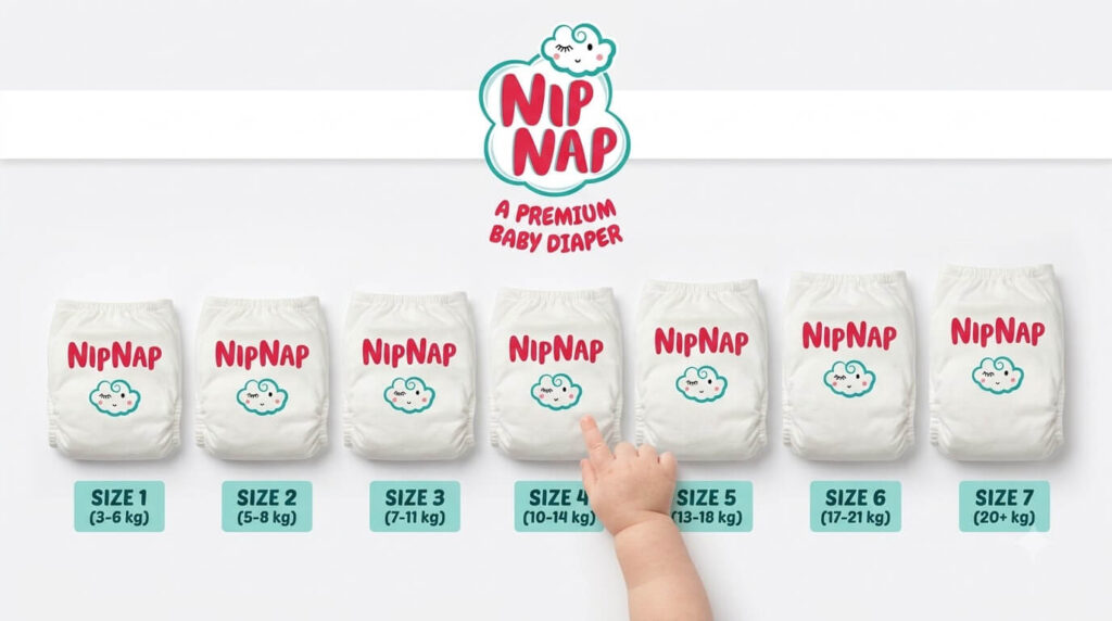 NipNap nappies laid out by size with weight ranges