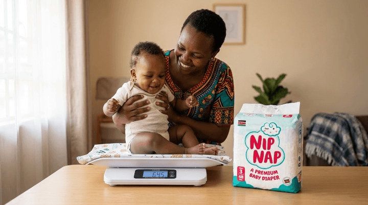 Kenyan mother weighing her baby on a baby scale at home with a pack of nappies beside her