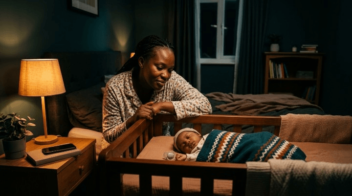 Parent checking on a sleeping baby in a cot at night