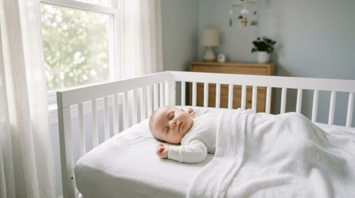 Baby sleeping on their back in a cot wearing a white sleepsuit, with soft morning light