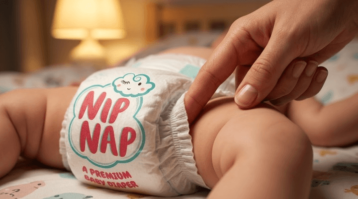 Parent's hands running a finger around a baby's nappy leg cuff to check the fit before bedtime