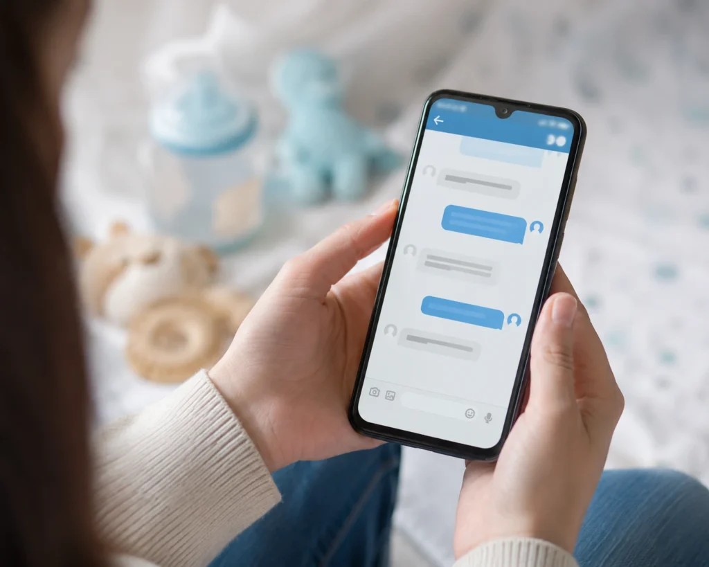 Parent ordering NipNap diapers through WhatsApp on a mobile phone
