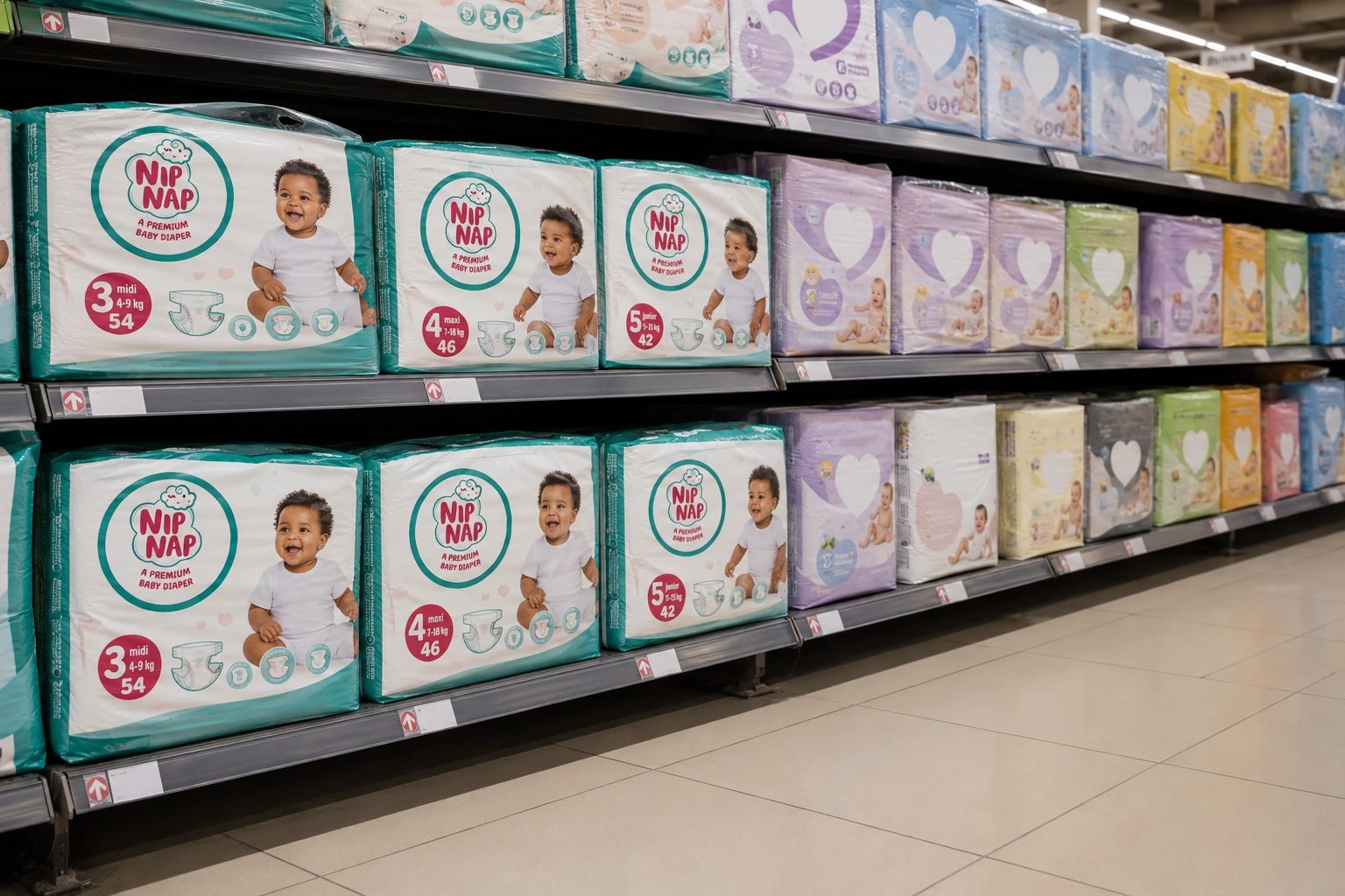 NipNap diaper packs displayed on a supermarket shelf in Kenya