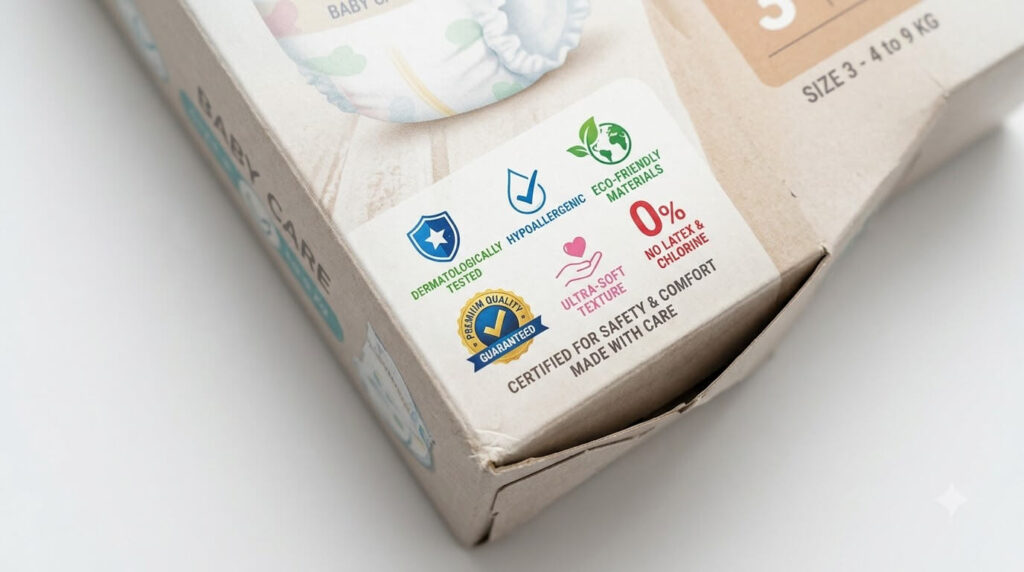 Certification marks and quality seals printed on a baby diaper pack