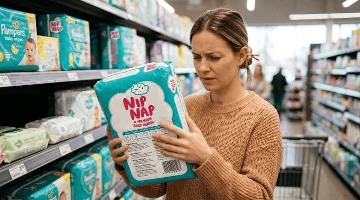 Parent reading the certification information on a NipNap diaper pack