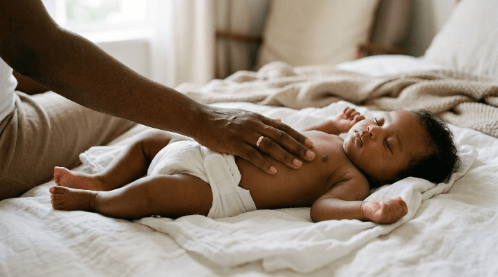 Mother's hand resting gently on a baby wearing a soft nappy