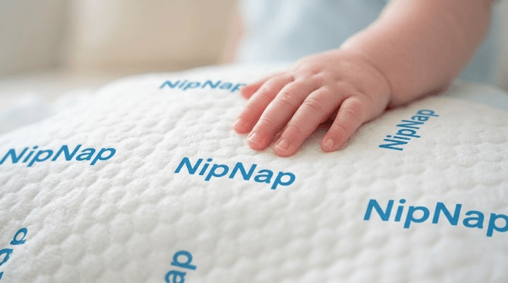 Close-up of a soft white nappy top sheet with a baby's hand resting on it