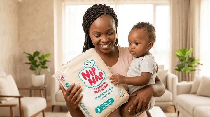 Kenyan mother holding her baby and smiling while looking at a pack of fragrance-free nappies