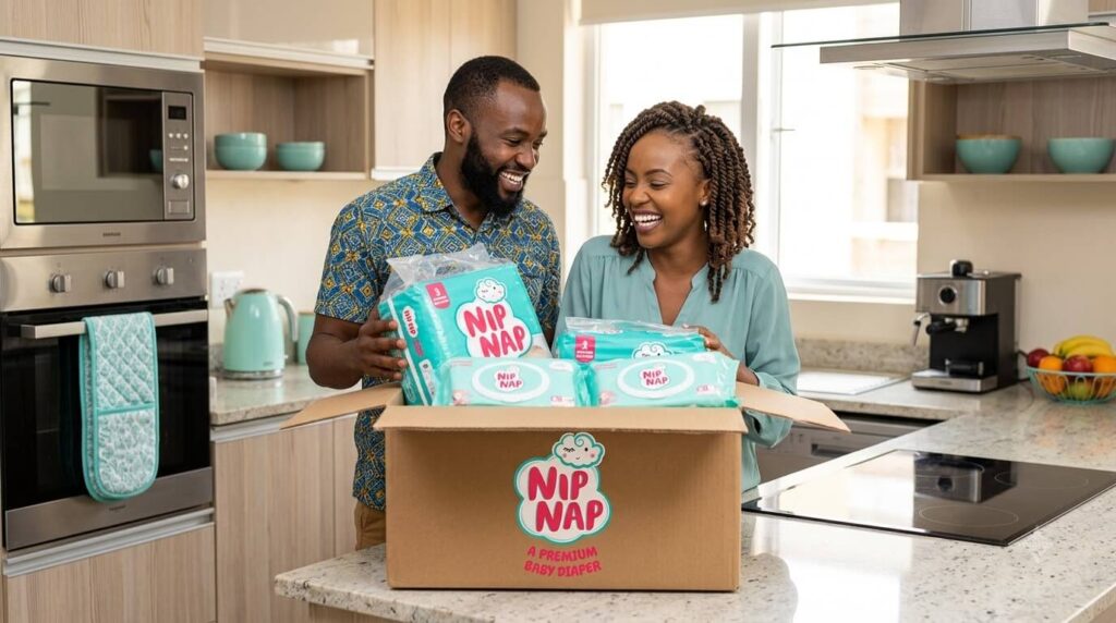 Kenyan parents unpacking a bulk order of nappies and wipes