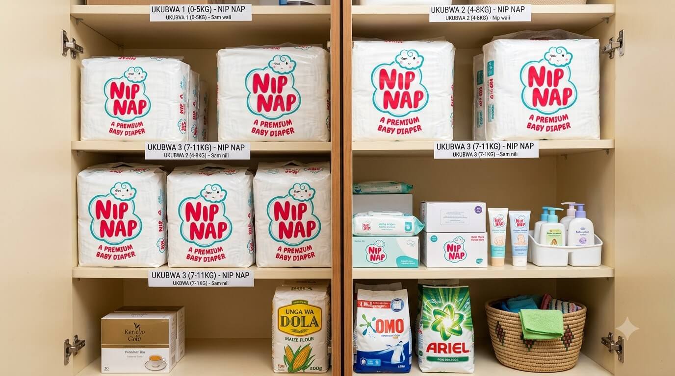 Stack of large NipNap nappy packs in a Kenyan home store cupboard, neatly arranged by size