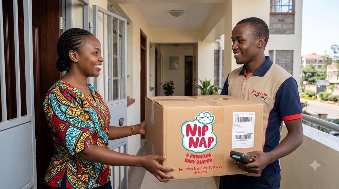 Parent unpacking a bulk delivery of baby nappies and wipes at the front door of a Nairobi apartment