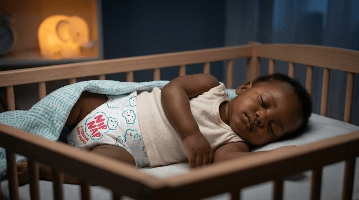 Baby sleeping peacefully in a cot wearing a nappy and a light vest, in a softly lit Kenyan bedroom