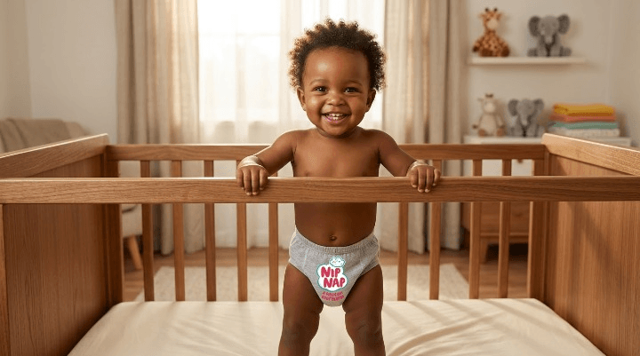 Toddler in NipNap baby pants standing in a cot in the morning, smiling and dry